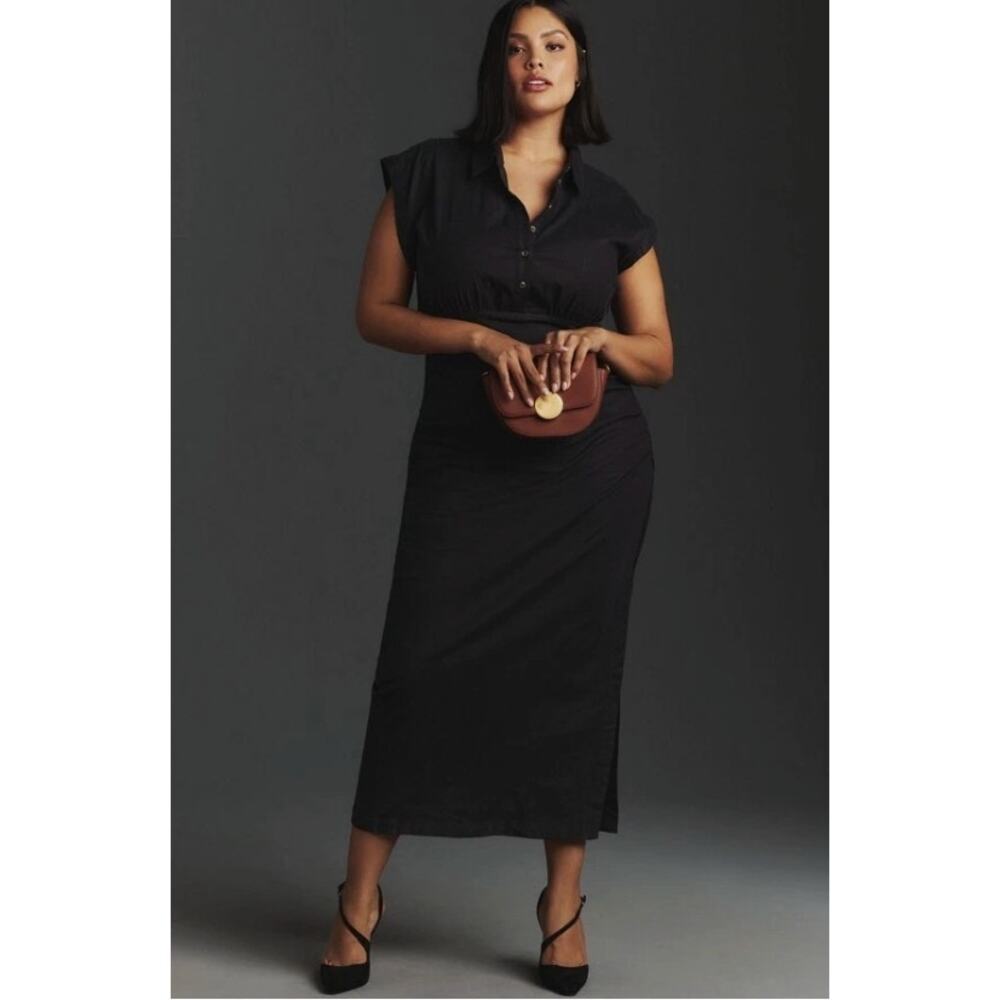 ANTHROPOLOGIE Cap-Sleeve V-neck Ruched Slim Midi Dress in Black - Picture 8 of 8
